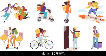 I personaggi dei corrieri dei cartoni animati. Addetti ai servizi logistici di consegna, corriere con consegna rapida di scatole per alimenti a zaino consegna ordini e-commerce pacchi mailing man illustrazioni vettoriali di classe grafica originale Illustrazione Vettoriale