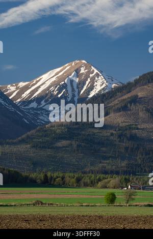 Vista delle imponenti cime innevate che si innalzano maestosamente su campi verdeggianti, creando un incredibile contrasto tra la grandezza della natura, Pribylina e Zilin Foto Stock