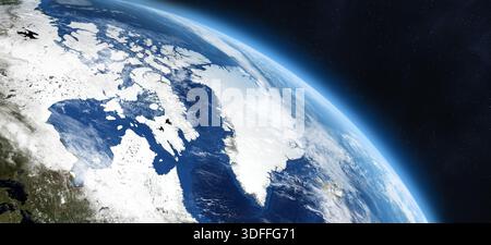 Pianeta Terra dallo spazio. Groenlandia, Islanda, Canada, Stati Uniti, Danimarca, mare dell'Atlantico settentrionale. Pianeta Terra nello spazio. Elementi di questa immagine forniti dalla NASA Foto Stock