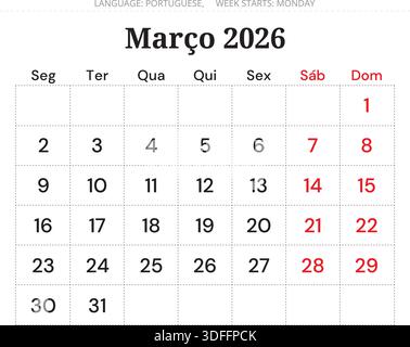 Marzo 2026 Calendario portoghese. Design vettoriale mensile minimo per il Portogallo Illustrazione Vettoriale