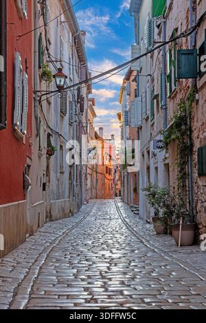 Piccole barche ormeggiate nel porto di Rovigno con la colorata città vecchia e il cielo del tramonto in Croazia Foto Stock