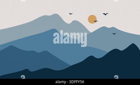 Paesaggio delle montagne con uccelli e Sun Flat Pastel Grunge texture disegnata a mano. Illustrazione vettoriale Illustrazione Vettoriale
