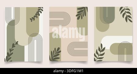 Una collezione minimalista moderna composta da tre pannelli botanici a parete con silhouette in foglia verde scuro con archi geometrici in salvia e b Illustrazione Vettoriale
