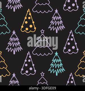 Motivi per bambini nella foresta invernale con profili di pini, sfondo scuro e profondo con accenti al neon. Illustrazione Vettoriale