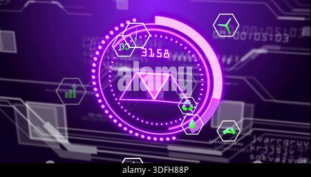 Visualizzazione dell'HUD centrale sul cruscotto virtuale con arco magenta, triangoli, lettura 3158, icone esadecimali Foto Stock