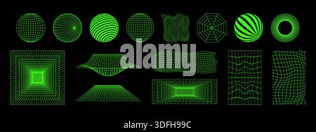 Set di diversi wireframe laser verde neon isolati su sfondo nero. Moderne reti futuristiche, cyberpunk o techno. Sfera, reticolo e camera Illustrazione Vettoriale