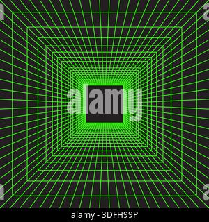 Struttura a reticolo verde al neon a forma di cubo in prospettiva su sfondo nero. Camera quadrata, portale o struttura a griglia studio in stile futuristico. Metaverso Illustrazione Vettoriale