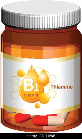 Flacone di pillola color ambra con etichetta vitamina B1 tiamina, capsule rosse, stile grafico vettoriale pulito Illustrazione Vettoriale