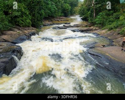 Uomo seduto su un letto di Rocky Riverbed in una foresta pluviale tropicale, Sri Lanka Foto Stock