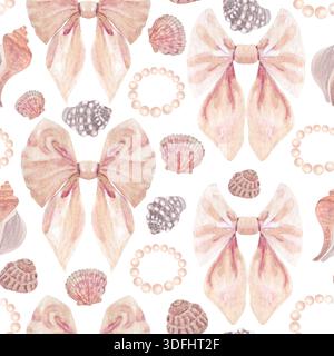 Fiocco rosa, braccialetto con perle e conchiglie con motivo ad acquerello senza cuciture isolato sul bianco. Elegante design costiero dipinto a mano, perfetto per matrimoni Foto Stock