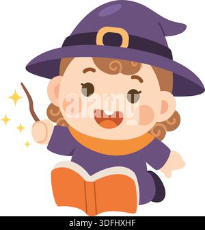 Carino Baby Witch Reading Magic Book – Halloween Cartoon Vector Illustrazione Vettoriale