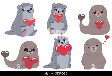 Set vettoriale di una foca e lontra con cuori. Una collezione natalizia di graziose clip art di animali disegnate a mano per adesivi e carte. Animali domestici per San Valentino Illustrazione Vettoriale