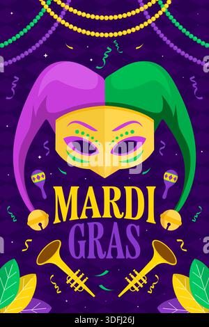 illustrazione del manifesto del carnevale del mardi gras in design piatto Illustrazione Vettoriale