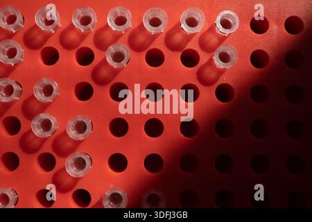 Una vista ravvicinata di una superficie rossa con fori distanziati uniformemente e oggetti cilindrici trasparenti posizionati in alcuni dei fori, creando una ripetizione di luce e S. Foto Stock