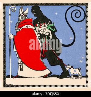 Josef von Diveky - questa immagine è un'illustrazione da cartolina intitolata "Nikolo e Krampus" e raffigura San Nicola (Nikolo) e la figura folcloristica Krampus. San Nicola premia tradizionalmente i buoni bambini con doni. Krampus è una figura antropomorfa corna che punisce i bambini cattivi, a volte colpendoli con bastoncini di betulla o portandoli via. Questa scena mostra Krampus che porta un fascio di bambini e tira una piccola capra su ruote. La tradizione si celebra alla vigilia del giorno di San Nicola (5 dicembre), noto come "Krampusnacht" o "notte di Krampus". Foto Stock