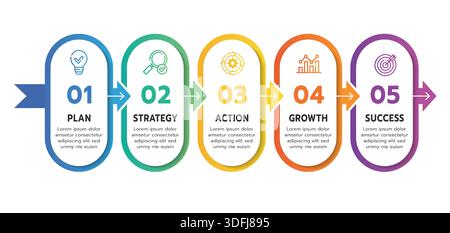 Modello infografico per le aziende. Diagramma Timeline moderna a 5 fasi con rettangolo e frecce, timeline infografica vettoriale di presentazione. Illustrazione Vettoriale