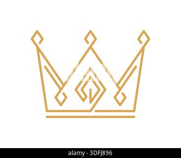 Autorità del re, icona o simbolo della linea della corona di prestigio reale. Emblema a linee sottili dorate con grafica di gioielli Prince o Princess, icona vettoriale con contorno a corona reale. Illustrazione Vettoriale