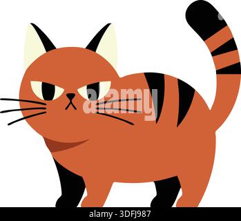 Un gatto a righe arancioni si staglia con occhi ristretti e una coda ad arco che mostra un'espressione infastidita. Illustrazione Vettoriale