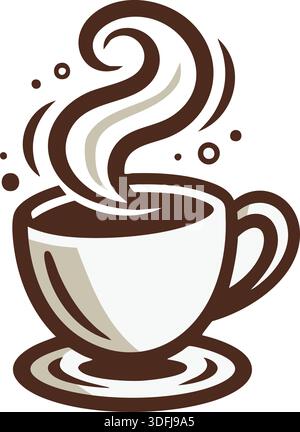 Una tazza disegnata a mano con vapore vorticoso che sale sopra un piattino, impreziosita da linee audaci sul bianco. Illustrazione Vettoriale