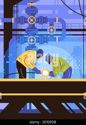 Saldatori lavoratori industriali lavoro di squadra fabbrica di tubazioni scintille macchinari attrezzature di sicurezza cantiere moderno luogo di lavoro Illustrazione Vettoriale