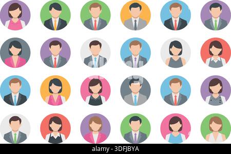 Icone avatar piatte colorate con diversi personaggi aziendali maschili e femminili che profilano ritratti in immagini vettoriali isolate con cornici rotonde Illustrazione Vettoriale