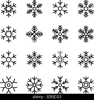 Collezione di 16 fiocchi di neve neri. Design minimalista invernale per progetti di design natalizi, di Capodanno e festivi Illustrazione Vettoriale