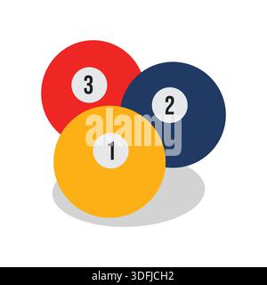 Set di palline da biliardo colorate con i numeri uno, due e tre isolati su sfondo bianco Illustrazione Vettoriale