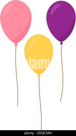 Tre palloncini con stringhe isolate su sfondo bianco. Graziosa illustrazione vettoriale piatta per il design delle feste Illustrazione Vettoriale