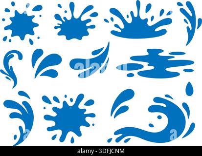 Set di simboli blu di splash dei cartoni animati. Forme astratte di gocce d'acqua piatte isolate su sfondo bianco. Perfetto per decorazioni e progetti grafici creativi Illustrazione Vettoriale