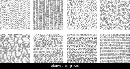 Set di effetti di ombreggiatura disegnati a mano per la trama della linea di campitura. Collezione di disegni a matita con strisce diagonali, punti e scarabocchi. Illustrazione Vettoriale