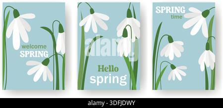 Set di cartoline primaverili con le nevi. Modelli verticali con testo Hello Spring, Spring Time e Welcome. Design Primrose per copertine, cartoline, Ban Illustrazione Vettoriale