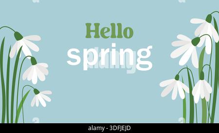 Buongiorno banner orizzontale primavera con gocce di neve. Modello con i primi fiori primaverili e il testo di saluto. Risveglio della natura. Grafica vettoriale Illustrazione Vettoriale