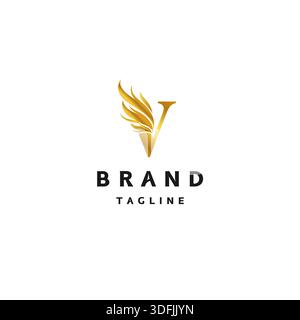 Lettera iniziale V con logo Gold Wings. Design iniziale con logo con lettera V e ali dorati. Illustrazione Vettoriale