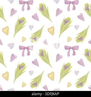 Motivo a molla acquerello senza cuciture con giacinti, archi decorativi e cuori. Sfondo floreale con fiori viola da giardino. Foto Stock