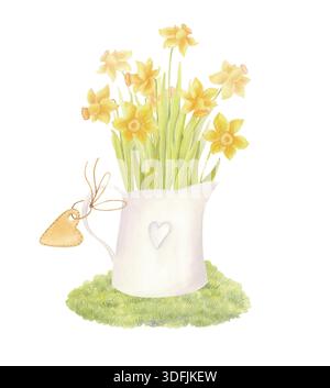 Bouquet di narcisi gialli in acquerello in vaso vintage con etichetta isolata su bianco. Caraffa retrò con falesia floreale primaverile. Foto Stock