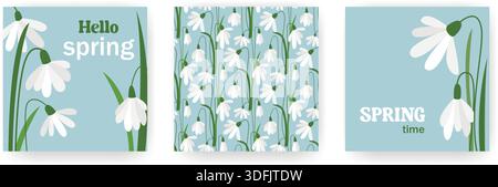Set di template quadrati con gocce di neve e testo. Hello Spring progetta per social media, post, brochure, volantini e poster. Grafica vettoriale Illustrazione Vettoriale