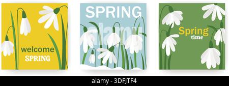 Disegni da cartolina primaverile con gocce di neve. Set di template quadrati per l'ora di primavera. Layout per social media, post, brochure, volantini e poster. Vettoriale gr Illustrazione Vettoriale