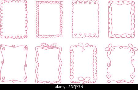 Set di cornici stravaganti disegnate a mano in stile seducente. Bordi delicati, romantici e informali per matrimoni e San Valentino. Modelli per schede, poster Illustrazione Vettoriale