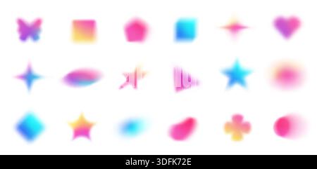 Y2K forma sfocata organica con sfumature rosa, blu e giallo. Fluido effetto olografico astratto. Blob e star, cuore e farfalla, quadrato e. Illustrazione Vettoriale