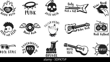 Distintivo per la musica punk rock. Chitarra e teschio per il marchio di band heavy metal, merchandising vintage e poster per concerti. Set di disegni a mano vettoriali. Avvisatori acustici Illustrazione Vettoriale