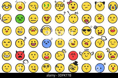 Emoji doodle. Volti ed espressioni carini per reazioni di chat, adesivi sui social media e bambini divertenti. Colorato set vettoriale di emozioni dei cartoni animati in giallo Illustrazione Vettoriale