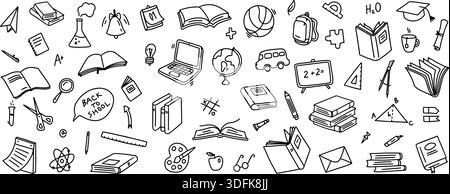 Icone di doodle Education. Libri di testo e computer portatili disegnati a mano, globo e autobus, libri e forbici, palla e campana per i bambini di studio adesivi, classe Illustrazione Vettoriale