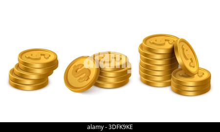 Set 3D Golden Dollar Coin Stacks Illustrazione Vettoriale