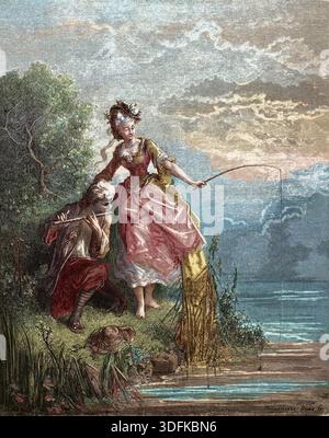 Les Poissons et le Berger qui joue de la flauto - i pesci e il pastore che suona il flauto - da 'Fables' di Jean de la Fontaine (Lafontaine) (1621-95) - incisione dopo Gustave Dore (1832-83) - Collezione privata Foto Stock