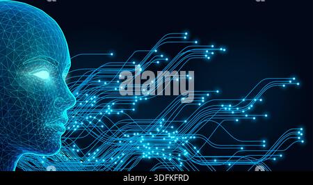 Flussi di dati ad emissione facciale ai con struttura a reticolo blu e connessioni neurali su sfondo futuristico scuro Illustrazione Vettoriale