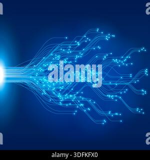 Flussi di dati blu brillanti con linee di diramazione e nodi su sfondo Dark Gradient Network Illustrazione Vettoriale