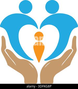 Logo amore e cura dei bambini. Modello del logo di un ente di beneficenza per l'adozione. Vettore di bambino e stretta di mano a forma di cuore. Logo famiglia genitoriale Illustrazione Vettoriale