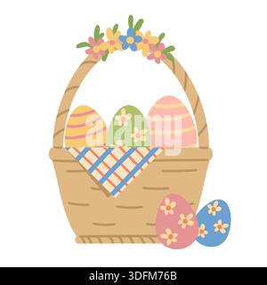Cestino di uova di Pasqua colorate circondato da fiori. Illustrazione disegnata a mano in stile piatto. Buona Pasqua. Illustrazione Vettoriale
