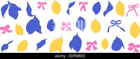 Sagoma ritaglio di carta colorata con illustrazioni al limone. Frutto di doodle disegnato a mano con fette e rami in ritagli. Limoni vettoriali, mano da scarabocchiare Illustrazione Vettoriale