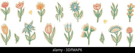 Ritaglio di carta per fiori. Forma floreale, pezzi di carta strappati in tulipano con texture a pastello. Adesivo ritagliato a mano rosso, blu. Creazione vettoriale Illustrazione Vettoriale